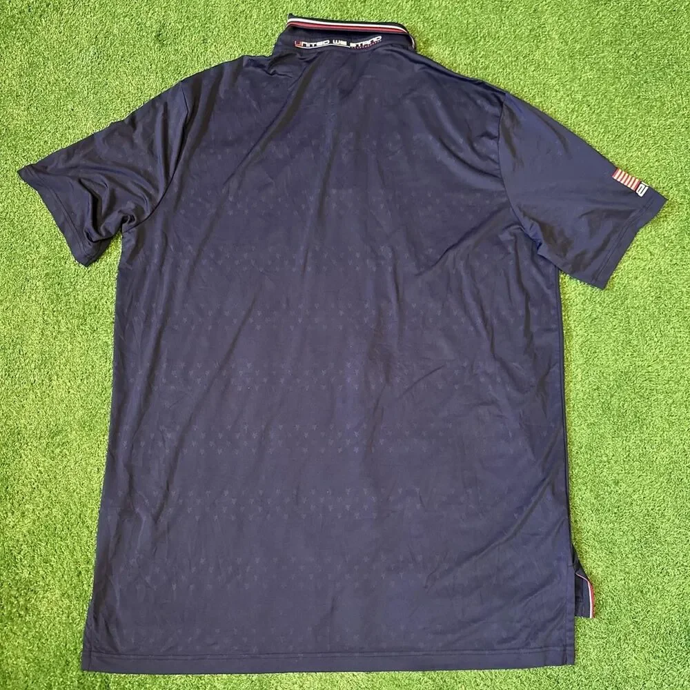 RLX Ralph Lauren Athletic Polo Shirt Mens 2XL Blue USA Open 2018 Patch Flag Logo